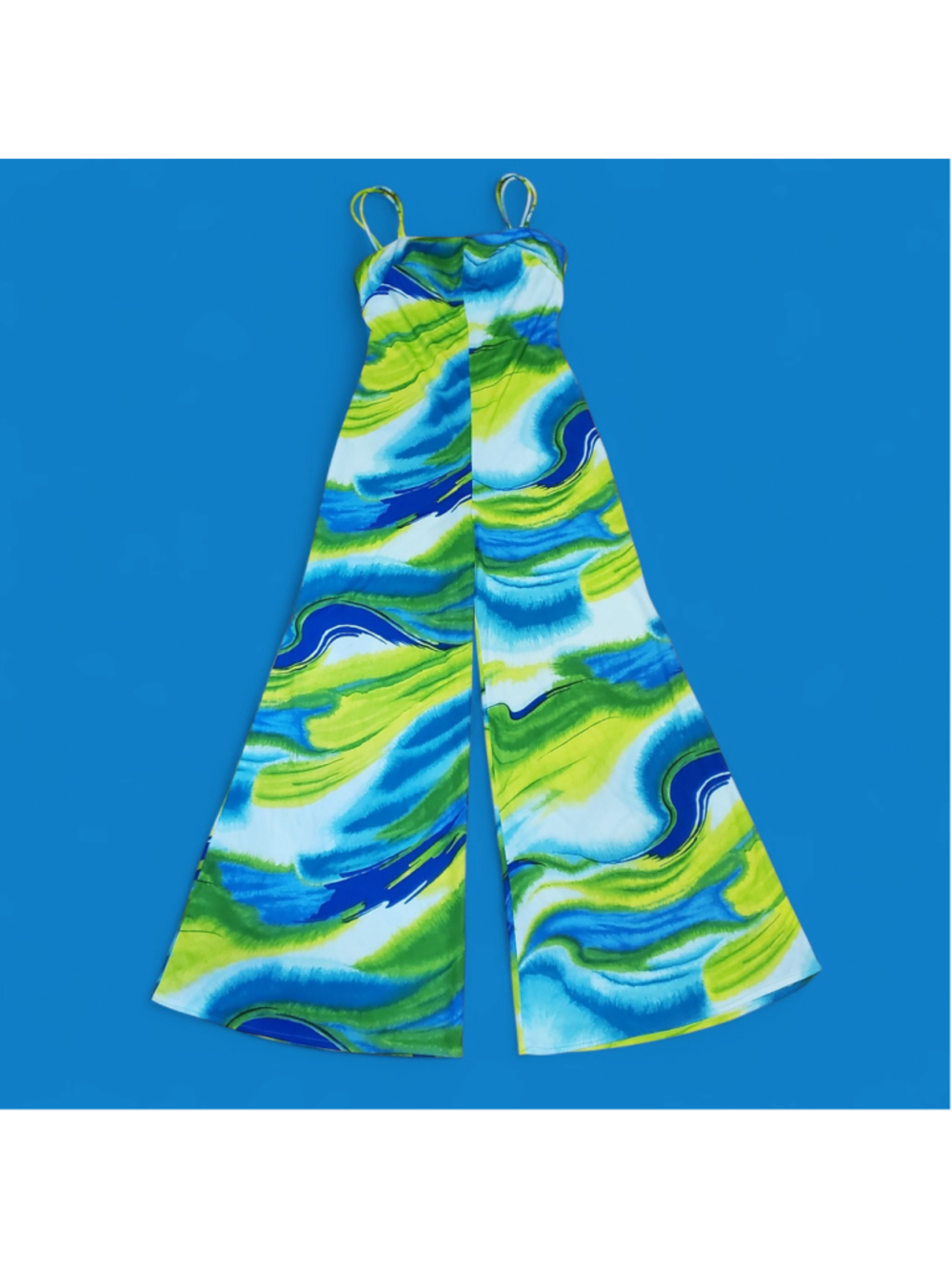 Vintage 1970s Blue Green Psychedelic Swirl Wid Leg Jumpsuit Jack Hartley